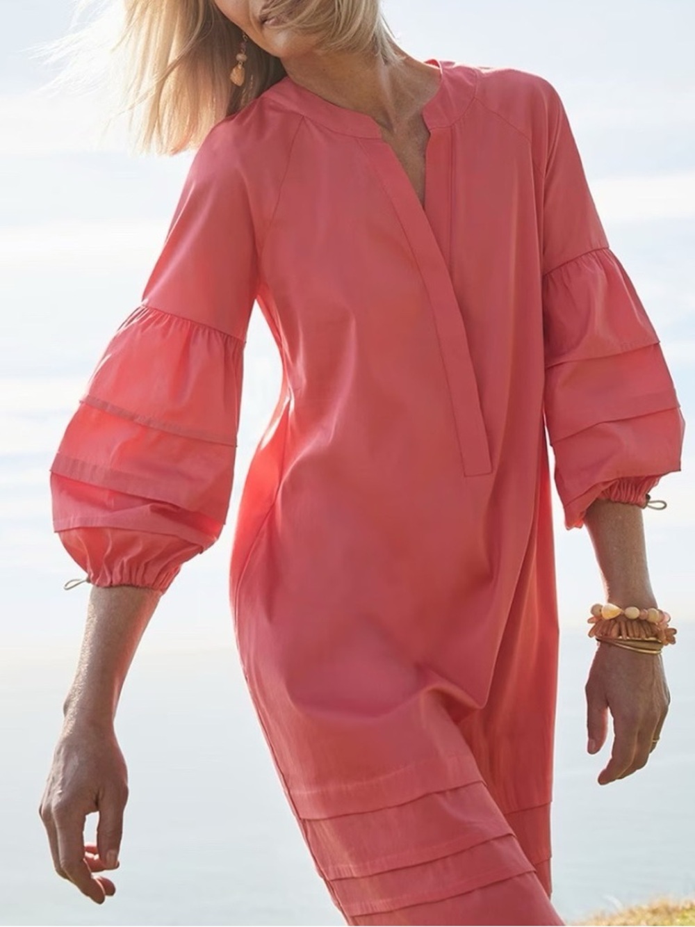 Chico’s Size 2 Tiered Dress Swim Coverup Puff Sleeve Resort Vacation Beach
